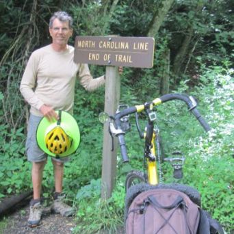Jim-Schmid-with-Bacchetta-Giro-recumbent-at-NC-VA-stateline-Virginia-Creeper-Trail-07-10-2016