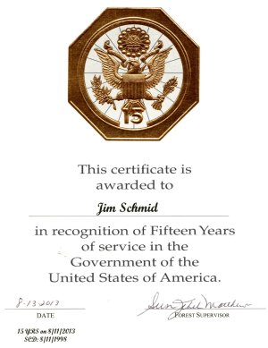 Jim-Schmid-certificate-of-recognition-of-15-years-with-Forest-Service-8-13-13